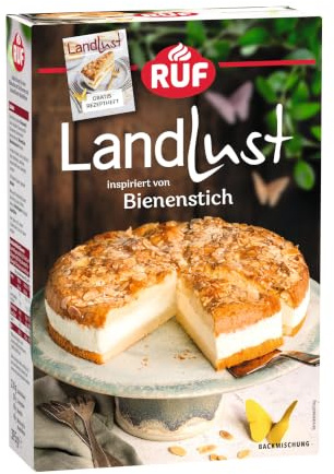 RUF Landlust Bienenstich Backmischung, Rührkuchen mit Bourbon-Vanillecreme & karamellisierter Mandeldecke, Florentiner Mix, schnelle & einfache Zubereitung, inkl. Rezeptheft
