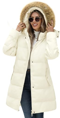 Yuson Girl Wintermantel Damen Lang Warme Winddichte Steppjacke Dicke Steppmantel Parka Winterjacke Herbst Gesteppt Elegant Skijacke Outdoor Jacke Mit Kunstpelz Kapuze (Beige, S)