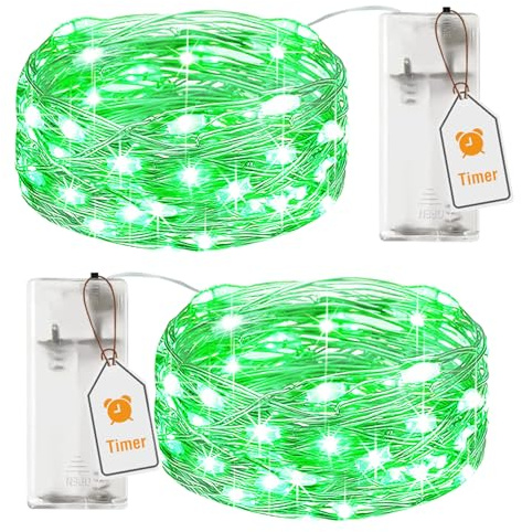 btfarm 2 Stück Lichterkette Batterie mit Timer, 2M 20LED Lichterkette Innen | Silberdraht, Mirco Draht, Batteriebetrieben, für Party Schlafzimmer Weihnachten Tisch Hochzeit Halloween Deko, Grün