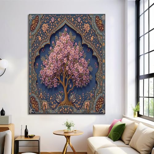 Großes Traditioneller Blumenbaum Leinwand Gemälde, Persische Geometrie Bilder Wandkunst, Indigo Leinwand, Wandkunst, Moderne Druck Poster Wanddekoration Für Zuhause, 70X100Cm, Rahmenlos