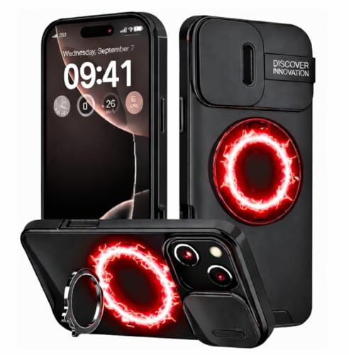 OnTheGo. Hülle für iPhone 15, Stoßfest Armor Handyhülle, Magnetisch, 360° Ring Ständer, Kameraabdeckung Schiebbar, Kratzfest, rutschfest, Schwarz