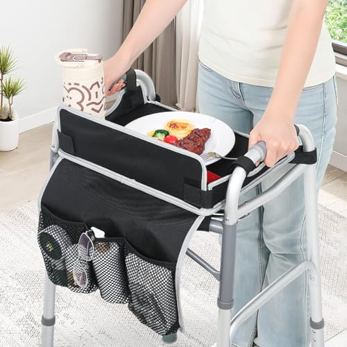 JFMkaer Walker Tray with Cup Holder – Folding Walker with Pockets & Non Slip Mat for Food,Mobility Trays Fits Most Standard Folding Walkers,Walker Accessories for Elderly