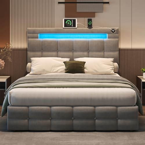 Ball & Cast Upholstered Double Bed Frame with Storage, Ottoman Bed with Adjustable Headboard and Hydraulic, Velvet Double Bed Frame with Charging-Station and LED-Light, Grey, 135x190cm, (No Mattress)