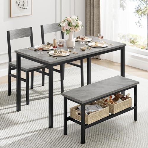 GarveeMore Small Dining Table and Chairs Set 4, Space Saving Kitchen Table and 2 Chairs with Storage Bench, Modern Wooden Dining Table Set with Metal Frame for Small Spaces, Home, Bistro - Grey