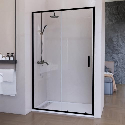 Mampara ducha corredera 135 cm 1 puerta+1 fijo negro cristal 6 mm H195 cm
