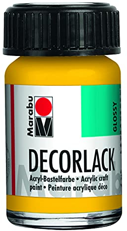 Marabu 11300039021 - Decorlack Acryl Mittelgelb 021, 15 ml, hochglänzender Acryllack auf Wasserbasis, wetterfest, speichelfest, zum Malen, Schablonieren und für Serviettentechnik