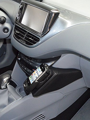 KUDA Handyhalterung passend für Peugeot 208 & 2008 ab 04/2012 - Telefonkonsole für Smartphones, Handy, Navi und mehr - Kunstlederkonsole, Schwarz, 085275