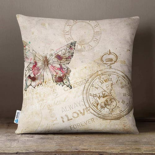 etérea Baumwolle Dekokissen Vintage Schmetterling 40x40 cm - Dekorativer Kissenbezug ohne Füllkissen - Oekotex Standard Kissenhülle für Sofa Wohnzimmer Schlafzimmer mit Reißverschluß