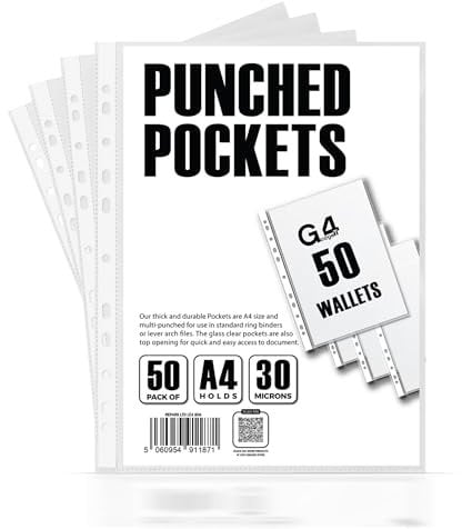 G4GADGET Pack of 50 A4 Clear Plastic Punch Punched Pockets Folders Filing Wallets Sleeves