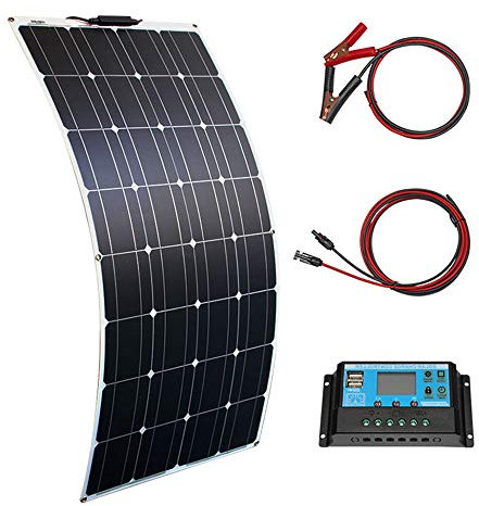 100W 12V Panneau Solaire Kit Flexible Monocristallin Panneau Solaire avec 10A Régulateur charge Solaire et 3 m Câble Solaire pour Camping car Caravane Hors réseau Camping car Chargeur Batterie