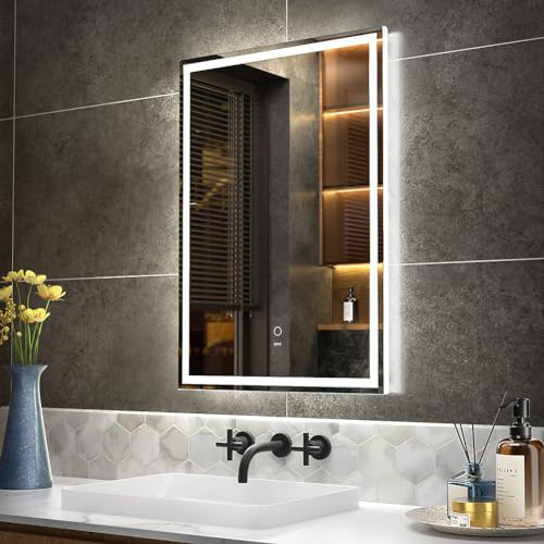 KWW 50 x 70 cm LED Salle de Bain Vanity Mirror, Lampe Anti - Brouillard, Facile à Installer, Miroir de Vanité Mural Horizontal/Vertical avec Bouton Tactile Intelligent