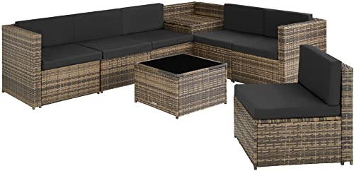 TecTake® Conjunto Jardín de Ratán, Muebles Jardín Exterior 6 Sillones, 1 Mesa Cristal, 1 Baúl Almacenamiento, Conjunto Terraza Resistente a la Intemperie, con Cojines, Estructura en Acero - Natural