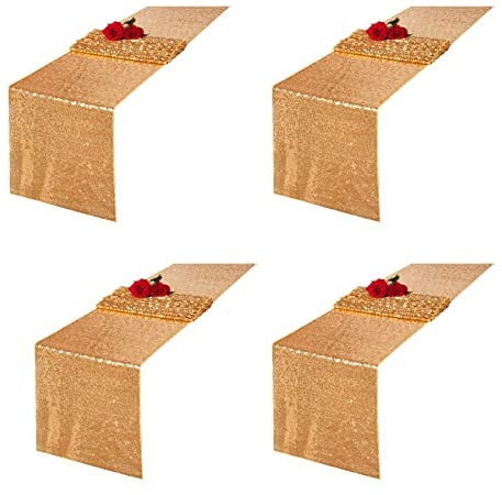 Charoama Tischläufer mit Pailletten, glitzernd, 30,5 x 182,9 cm, 4 Stück, goldfarben, Tischwäsche, Läufer, Stoffdekorationen für Urlaub, Hochzeit, Geburtstag, Partydekoration im Freien