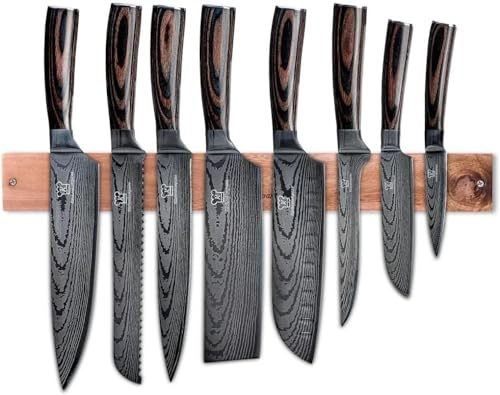 KÜCHENKOMPANE – Edelstahl Messerset Premium mit magn. Messerleiste als Messerblock | 8-teiliges Küchenmesser Set im Damast Design | Kochmesser mit ergonomischen Pakkaholzgriff | Designed in Germany
