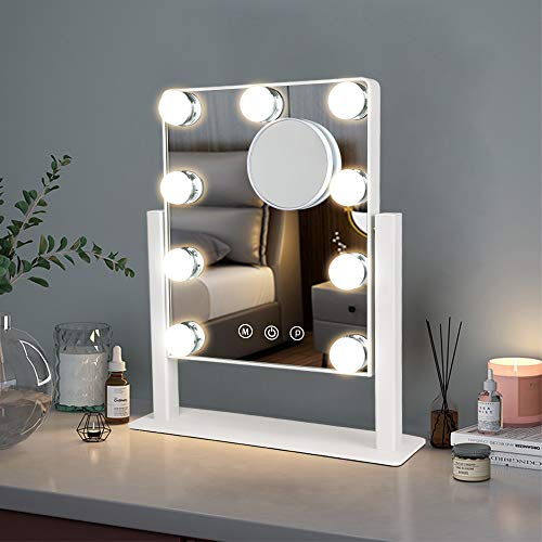 Depuley Hollywood Schminkspiegel mit Beleuchtung, 360° Drehbar Spiegel mit 3 Farbe Licht Umwandlung, 9 dimmbare Led Licht, weiß KosmetikB09WK8WTZYspiegel mit Licht für Schminktisch Bad Wohnzimmer