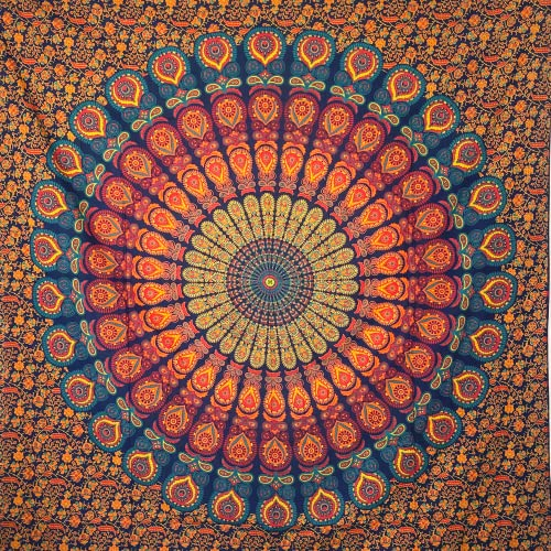 MOMOMUS Wandteppich Mandala - Mehrzweck, Bunt, 100% Baumwolle - Ideal als Wandteppich Aesthetic, Wandtuch Boho, Indischer Wandbehang aus Stoff oder Wall Tapestry - Blau und Gelb, 210x230 cm