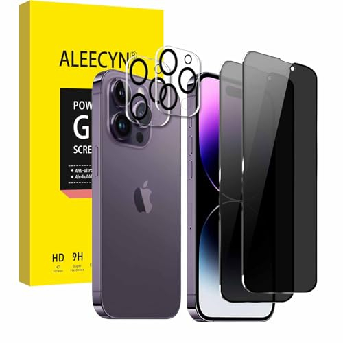 ALEECYN [2+2 Pièces] 2Pcs Verre Trempé Anti-espion pour iPhone 14 Pro et 2Pcs Caméra Arrière Protecteur, Protection D'écran Anti-Espion à Couverture Complète, Anti Rayures, Dureté 9H