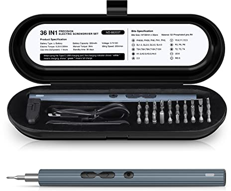Brifit Mini Elektrischer Schraubendreher, 36 in 1 Wiederaufladbares Akkuschrauber, Präzisions Schraubendreher mit 30 Bits, 3 LEDs Arbeitslicht, für Smartphone, Spielkonsole, Kamera, Uhr, Laptop