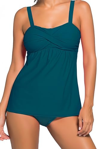 Ocean Plus Femme Débardeur Élégant avec Culotte Tankini Couleurs Solides Rembourré Maillot de Bain Deux Pièces à Bretelles Réglables (L (EU 38-40), Vert de Paon)