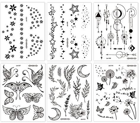 Zasjon Tatouage Ephemere Femme, 6 Feuilles Faux Tatouage Imperméables Minuscules, Tatouages Temporaires Autocollants Noir Tatouage pour Cou Bras Mains pour Hommes et Femmes