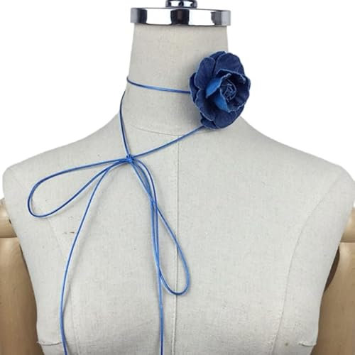 Fabric Choker Fabric Rose Flower Necklace Artificial Rose Flower Choker Fabric Material Cloth Accessories For Women Girl Denim Blue Rose Necklace