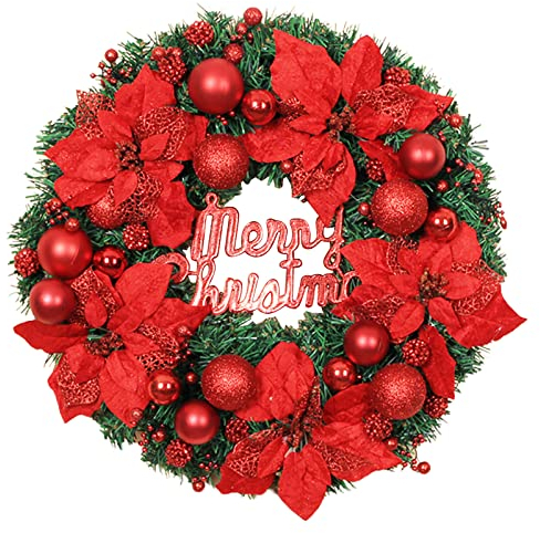 Türkranz Metallring 16 Weihnachtskranz Frohe Weihnachten Haustür Ornament Wand künstliche Kiefern Girlande für Xmas Party Dekoration Holzring 40 cm (Red, One Size)