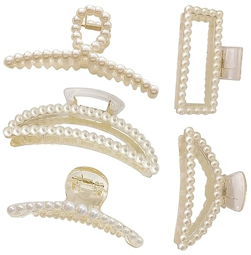 Kryzalite® Lot de 5 barrettes à cheveux en perles - Différents modèles - Jolies pinces à cheveux en perles - Pour cheveux épais et fins - Antidérapantes - Résistantes - Pour femmes et filles
