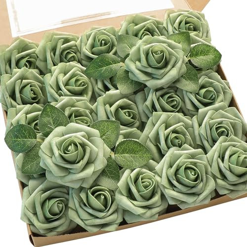 Floroom Artificial Flowers 25pcs Real Looking Elf Green Foam Fake Roses with Stems for DIY Wedding Bouquets Bridal Shower Centerpieces Sage Green Floral Arrangements Home Decorations