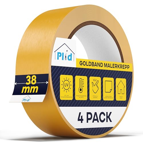 Plid® Goldband Malerkrepp [Wasserabweisend] - Malerklebeband Nassfest - Innen & Außen - Abklebeband Maler, verhindert Unterlaufen von Farben - Painters Tape - Klebeband Maler (38mm, 4 Rollen x 50m)
