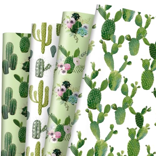 Generic AnyDesign 12 Sheets Cactus Wrapping Paper - Not Roll - Watercolor Cactus Gift Wrap Paper Bulk Folded Flat Green Plant Art Paper for Birthday Baby Shower DIY Crafts, 19.7 x 27.6 Inch