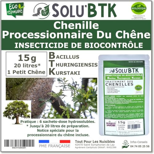 SoluBTK | Chenilles Processionnaires du Chêne |15 g Insecticide Bacillus Thuringiensys | Utilisable en Agriculture Biologique | Pour 1 petit Chêne