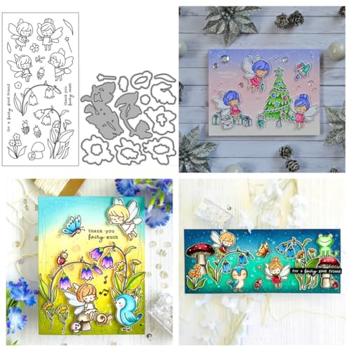 Sredwtk Fee Blume Stanzschablonen und Stempelset,Stempel und Stanzen Set,Silikonstempel und Stanzen Set,Clear Stamp und Stanzschablone Für DIY Scrapbooking Fotoalbum Dekor Karten