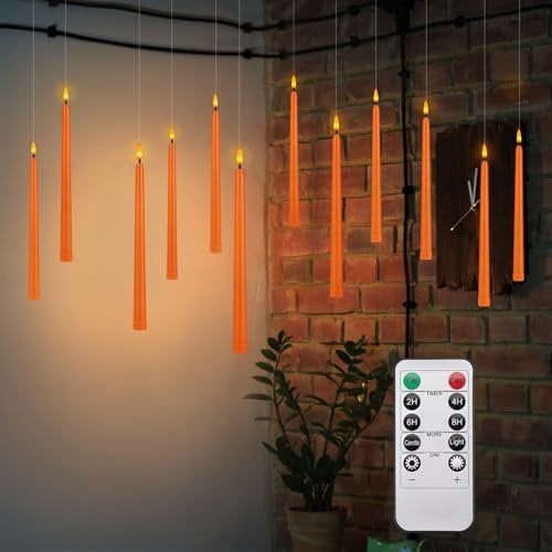 IMAGE Battery Operated Flameless Taper Candles - 12 Pcs with 3D Wick, Ivory and Orange, 10 Keys Remote and Timer