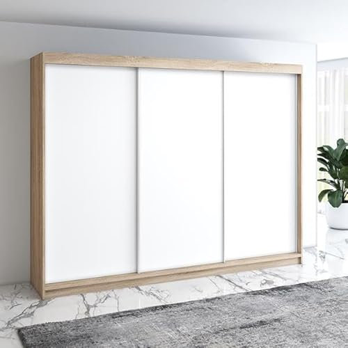 A&J MöbelLand Moderne 3-türiger Kleiderschrank mit Schwebetüren und 4 Schubladen, 200 cm, Weiß (Sonoma/weiß)