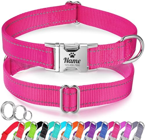Personalisiertes Hundehalsband für mittelgroße Hunde – Reflektierendes Hundehalsband aus Nylon mit eingraviertem Namen und Telefonnummer, verstellbares Haustierhalsband