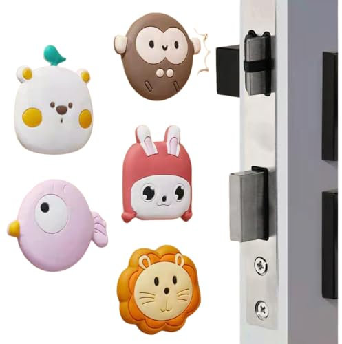 JIMCOM Door Stopper, 5Pcs Wall Door Handle Stopper, Silicone Cartoon Animals Round Wall Protector, Self-Adhesive Door Stops Door Handle Bumper Pads for Wall, Fridge, Cabinets