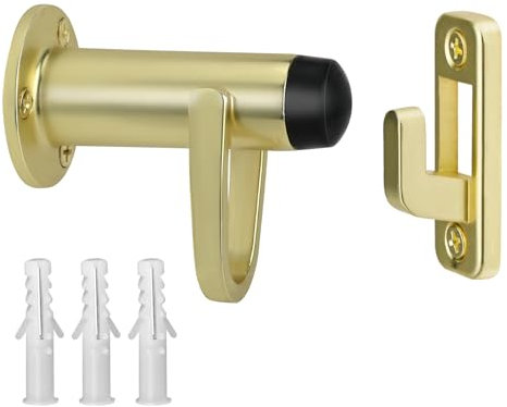 HOMOTEK 1Pack Heavy Duty Door Stopper with Manual Hook,Door Holder Stop with Sound Dampening Rubber Bumper Wall Mounted, Brushed Brass