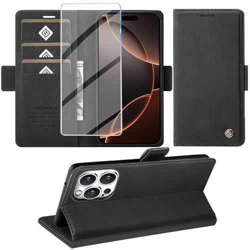 Giyer Handyhülle für iPhone 16 Pro Max Hülle mit Schutzfolie, Kartenfach Wallet Klapphülle Premium Leder Standfunktion Schutzhülle für iPhone 16 Pro Max 4G/5G Flip Case Cover Tasche (Schwarz)