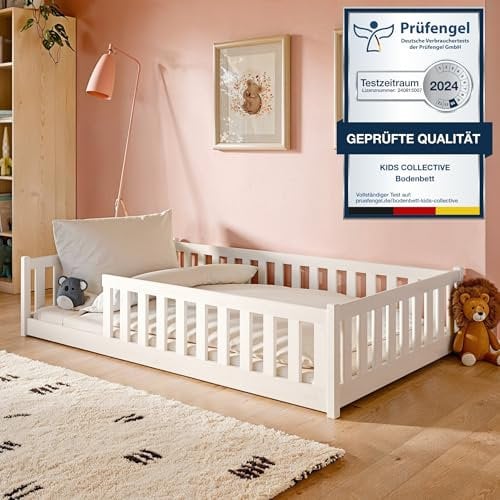 Kids Collective Kinderbett Bodenbett 120x200 cm Bett mit Matratze, Rausfallschutz & Lattenrost Montessori Bett Bed Gitterbett Kinder Jugendbett Einzelbett | weiß Kiefer Holz massiv Junge Mädchen