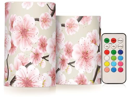 Pfirsichblüte Blume Moderne flammenlose Kerzen mit Fernbedienung Outdoor Kerzen Elektronische Lichter Elektrische LED für Halloween Batterie Stumpenkerzen 2-teiliges Set