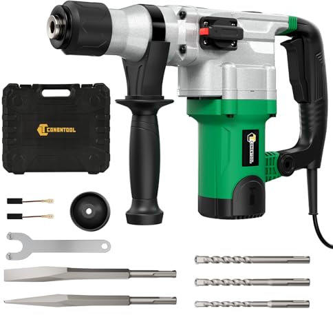 CONENTOOL 1600W Power Motor SDS Plus Hammer Drill, 3.2J 2 Mods Heavy Duty Corded Electic Dills, 360 ° Rotary Hammers Chuck Chisel Bits with 3 × Drill Bits, 2 × Chisel, Green
