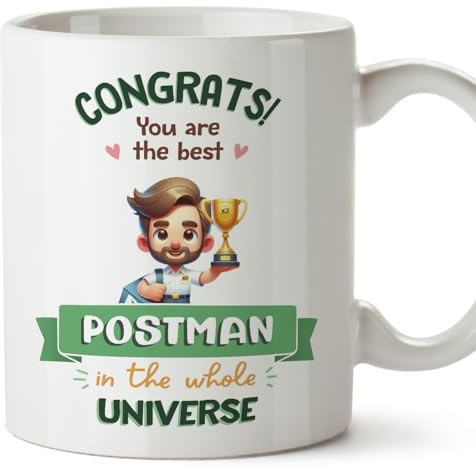 MUGFFINS Postman Man Mug - in English - Best in Universe Trophy - Funny Gift for Colleagues - Ceramic 11oz Mug