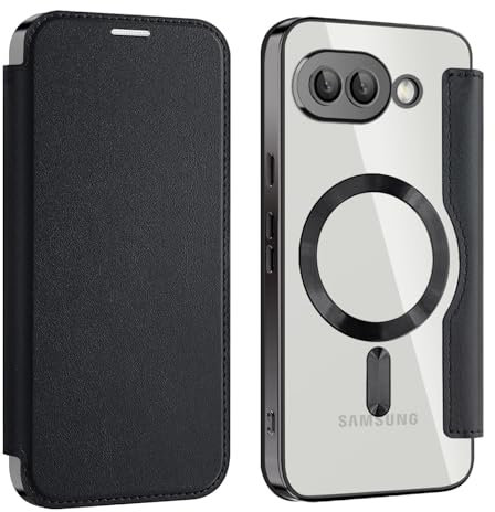 Unichthy Flip Case for Google Pixel 9a Clear Cover Support MagSafe |RFID Blocking| Wallet Purse Shockproof Leather Stand Cover Individual Protection for Each Lens Phone Skin for Google Pixel 9a Black