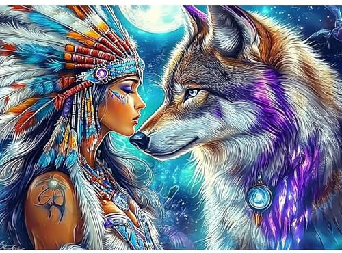 CEOVR Diamond Painting Bilder Kit Erwachsene Wolf und Frau,30x40 cm Diamant Paintings Kit,5D DIY Diamond-painting Indischer Stil