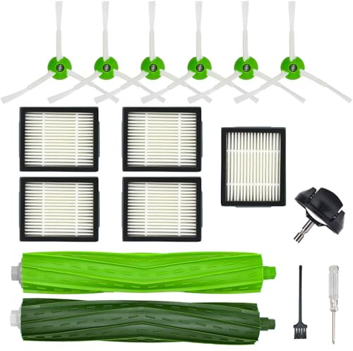Kit accessoires de rechange pour iRobot Roomba Séries i/e i7 i7+ i6 i6+ i3 i3+ i8 i8+ i4 i4+ i5 i5+ i2 i2+ i1 i1+ e5 e6 – 1 brosse en caoutchouc, 5 filtres HEPA, 6 brosses latérales, 1 roulette avant