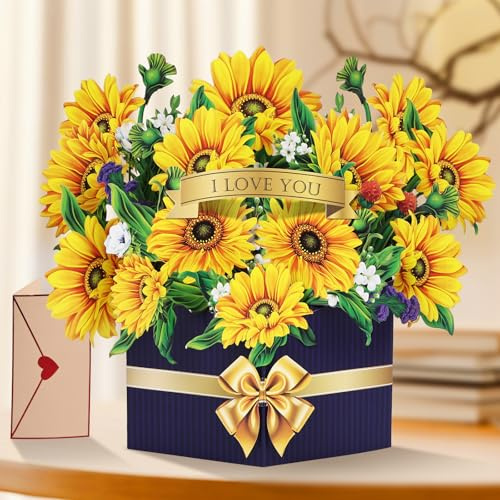 AOOTE 3D Sunflower Pop Up Birthday Cards with Envelope, 3D Pop Up Birthday Card, Mothers Day Cards Pop-Up, Flowers Greeting Card for Women, Mothers, Girls, Mother's Day, Anniversary, Valentine's Day
