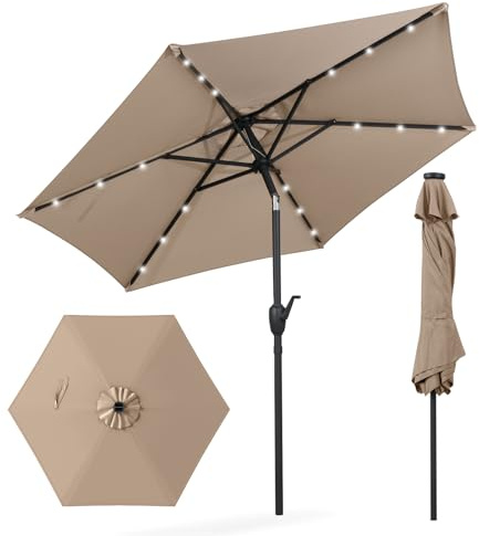 KOMFOTTEU Ombrellone da Giardino con LED 230 cm, Ombrellone da Spiaggia Inclinabile e Portatile, con 6 Aste e Manovella in Metallo, Anti UV, da Esterno per Patio, Piscina, Mercato, Terrazzo