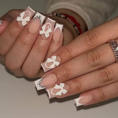 French Tip False Nails - 24pcs Press on Nail Short - Square Pink Stick on Nails with 3d Bow - 12 Sizes Glue on Nails French Nail Tips - Full Cover Glossy Acrylic Fingernail for Women Girls Nail Art