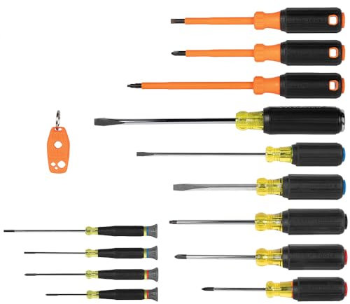 Klein Tools 85814 Screwdriver Set, Precision, Insulated, Color-Coded Handles, Phillips, Slotted, Cabinet, Keystone, Demolition, Square Tips, 14-Piece