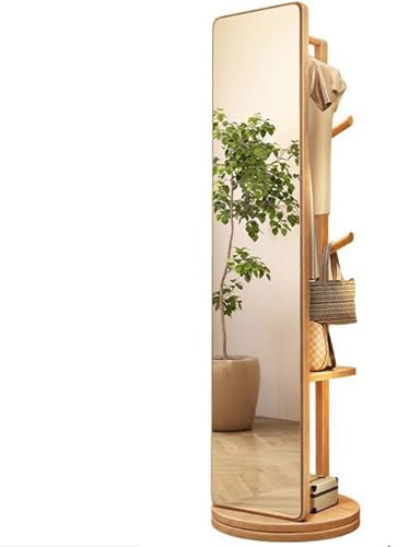 Porte-manteau sur pied avec miroir, porte-manteau rotatif en bois massif avec miroir pleine longueur, support de miroir mural décoratif avec base rotative, miroir sur pied sur pied pour salo